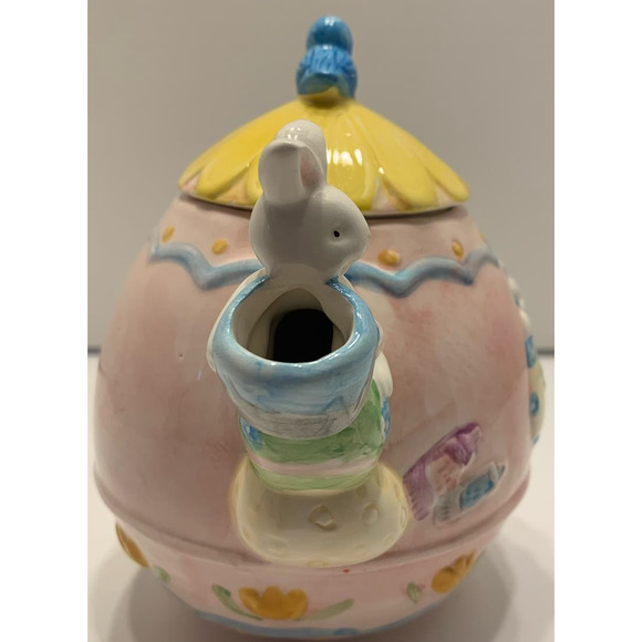 Easter Egg Ceramic Pink Teapot Bunnies and Bluebird - Picture 5 of 9